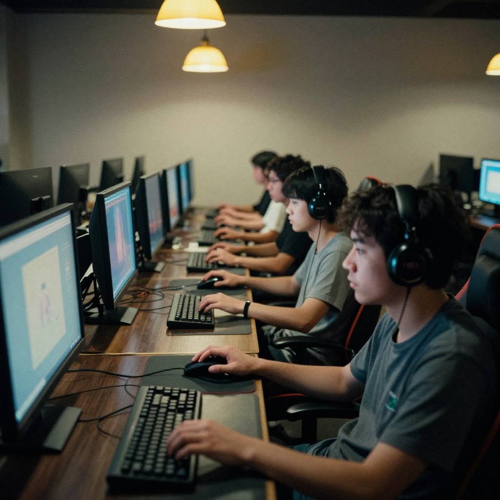 Close-up of a hand on a gaming mouse beside a lit dual-monitor station